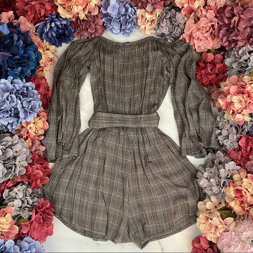 Flirty Gray Plaid Off-the-Shoulder Romper Jumpsuit - Picture 14 of 16